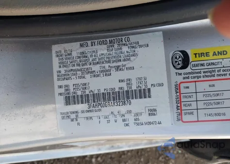 2010 Ford Fusion Sel из США, поврежденный, VIN 3FAHP0JG9AR323870